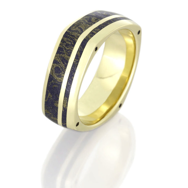 Yellow Gold Square Ring with Lapis Lazuli Mokume