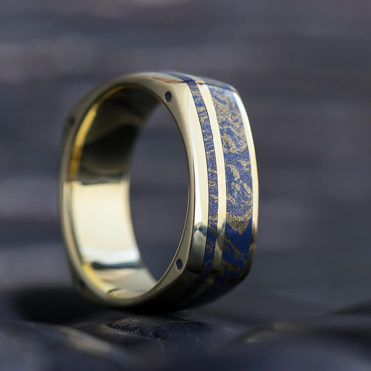 Yellow Gold Square Ring with Lapis Lazuli Mokume - DJ1003YG