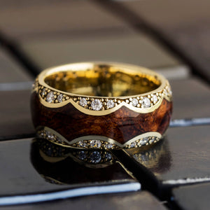 Mesquite Burl Wood Ring, 14k Yellow Gold Diamond Eternity Wedding Band - DJ1009YG