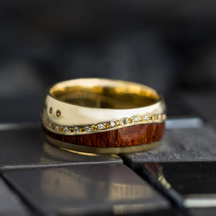 Wood Wedding Band, Yellow Gold Ring with Gemstones - DJ1017YG