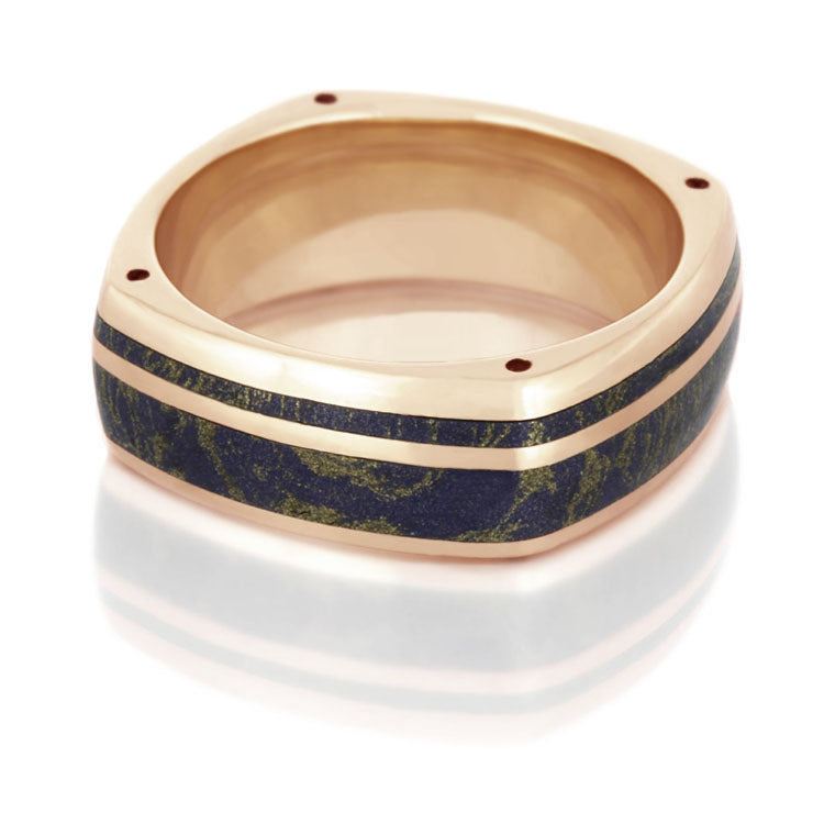 Lapis Lazuli Mokume Wedding Band, 14k Rose Gold Ring With Side Accents - DJ1003RG