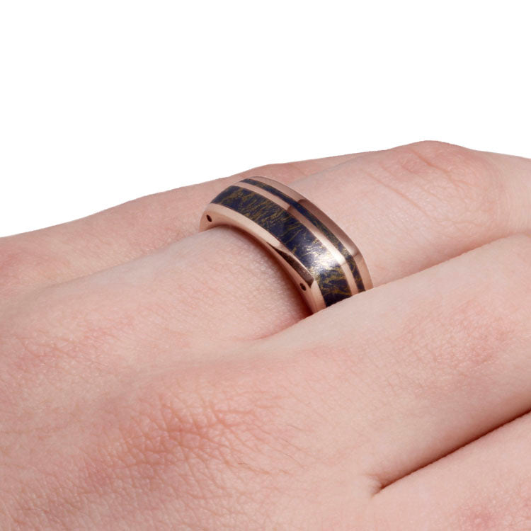 Lapis Lazuli Mokume Wedding Band, 14k Rose Gold Ring With Side Accents - DJ1003RG