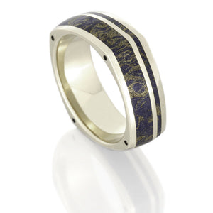 14k White Gold Wedding Band, Lapis Lazuli Ring With Corner Accents - DJ1003WG