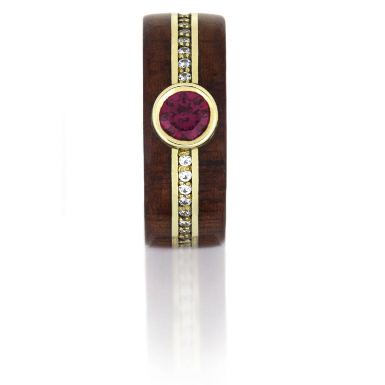 Ruby Ring With Diamond Eternity Band And Rosewood in 14k Yellow Gold - DJ1008YG