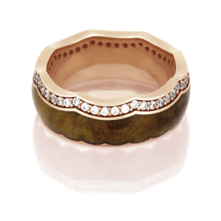Teak Wood Ring With Crown Design, Diamond Eternity Wedding Band - DJ1014RG