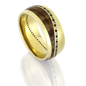 Yellow Gold Wedding Band with White and Black Diamonds