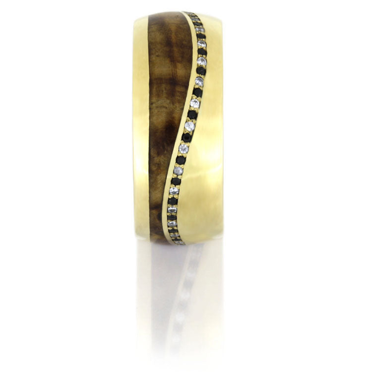 Yellow Gold Wedding Band with White and Black Diamonds