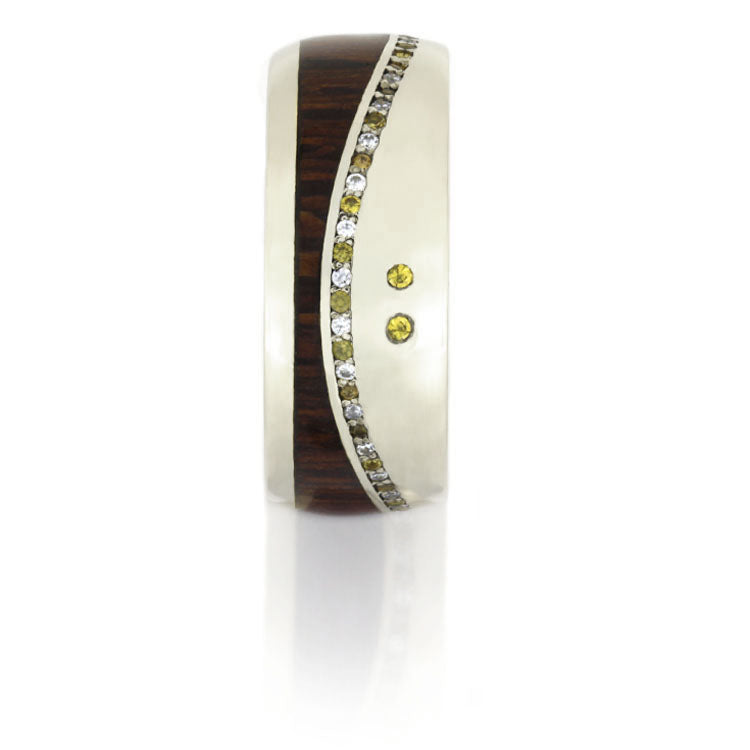 14k White Gold Wedding Band, Gemstone Eternity Ring With Leopard Wood - DJ1017WG