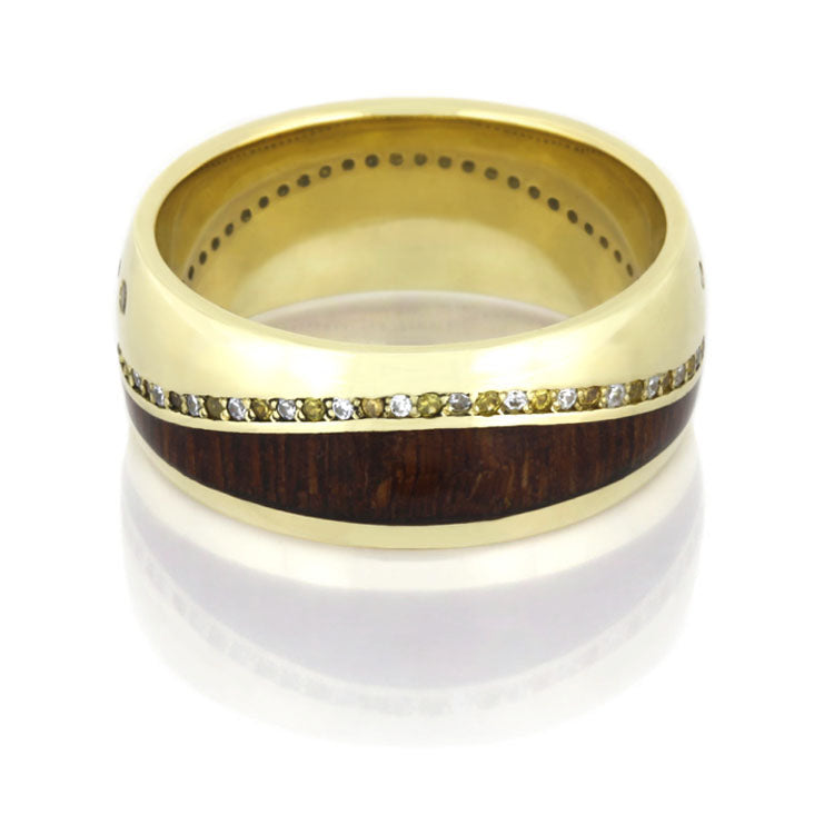 Wood Wedding Band, Yellow Gold Ring with Gemstones