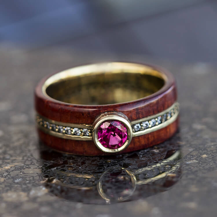 Phoenix │ Ruby Ring With Diamond Eternity Band And Rosewood in 14k Yellow Gold - DJ1008YG